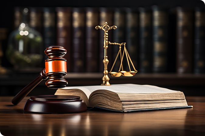 Gavel, law scales, and book on desk