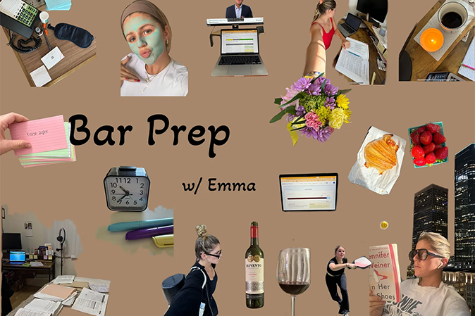 Emma vision board including photos of her studying, wine, flash cards, coffee and snacks